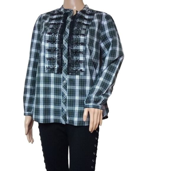 J. CREW Embellished Shirt Forest Tarten Green Black Button Down - Picture 1 of 6